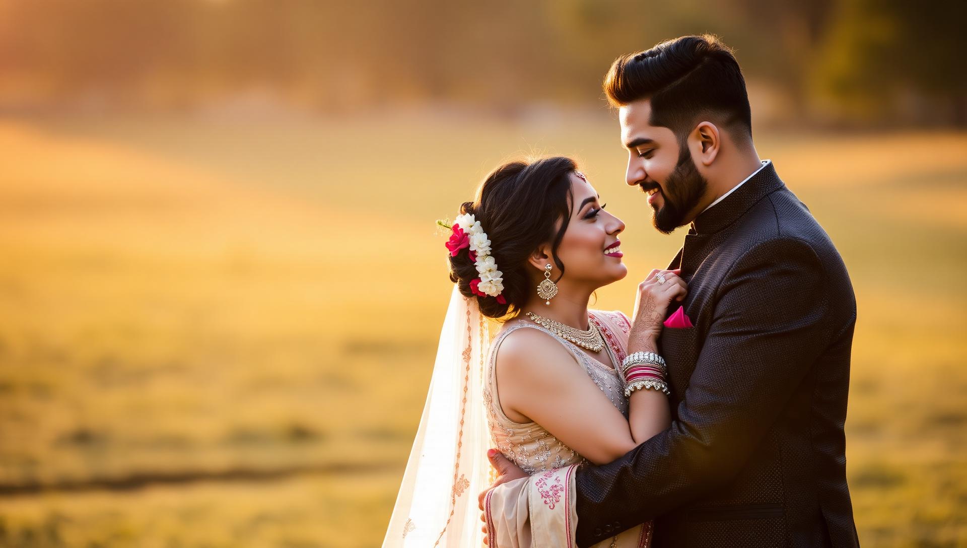 Wedding couple at golden hour
